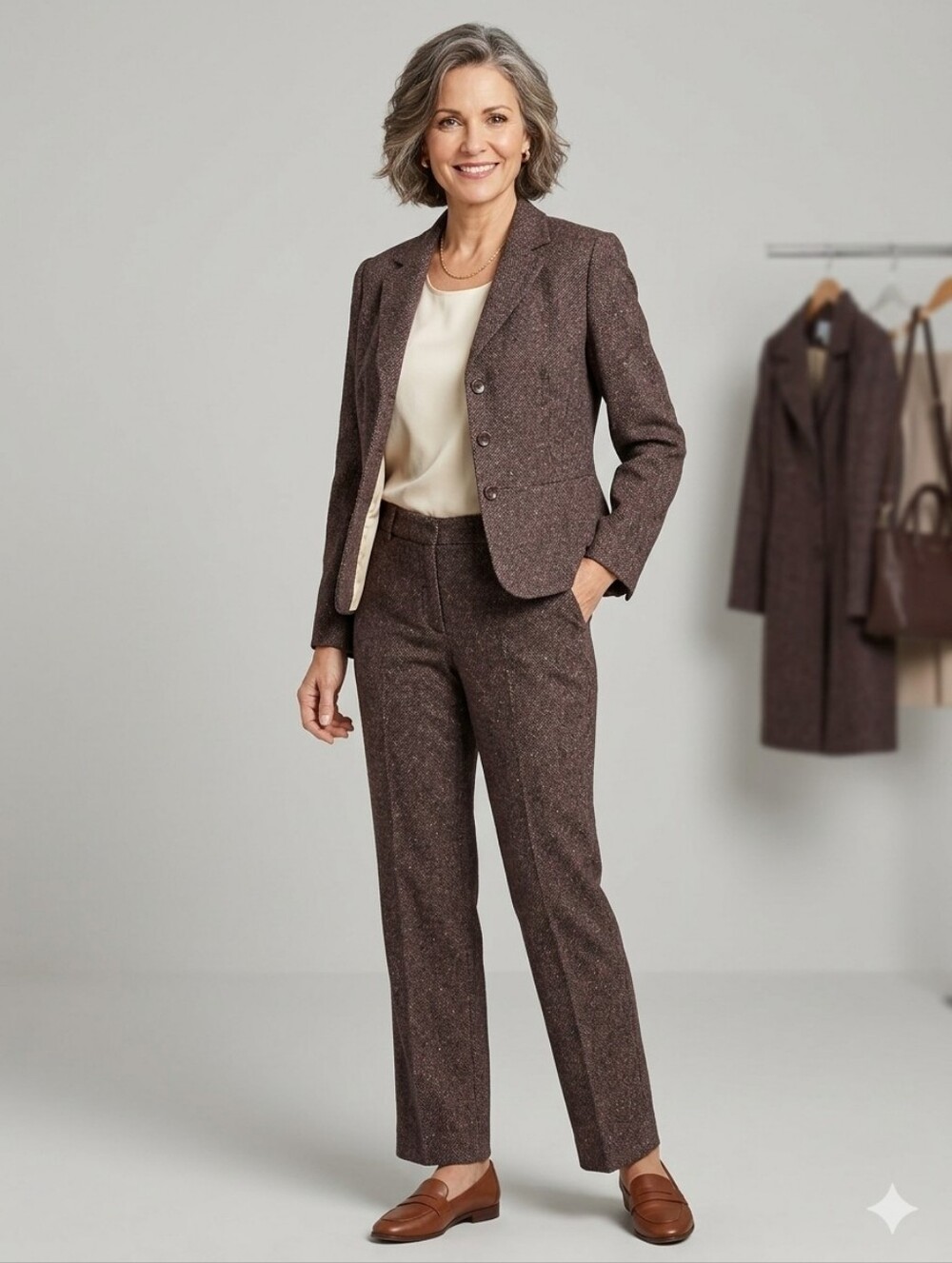 Casual Corner Brown Tweed Pantsuit - Two-Piece Set